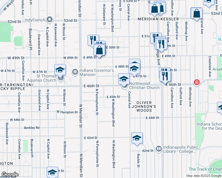 map of restaurants, bars, coffee shops, grocery stores, and more near 4526 North Washington Boulevard in Indianapolis