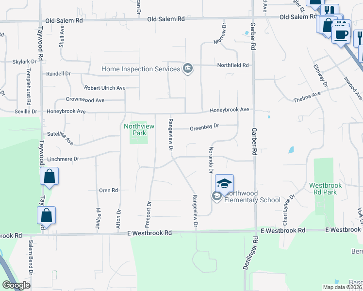 map of restaurants, bars, coffee shops, grocery stores, and more near 3966 Willow Creek Drive in Dayton