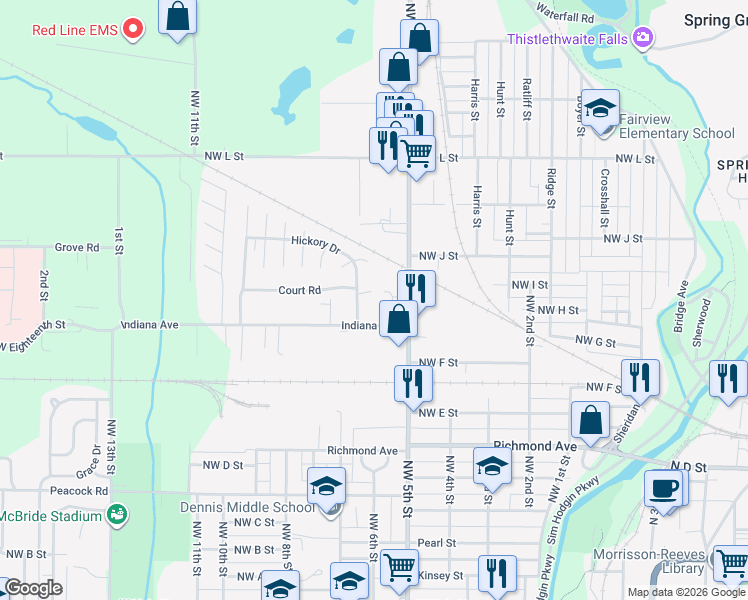 map of restaurants, bars, coffee shops, grocery stores, and more near 530 Indiana Avenue in Richmond