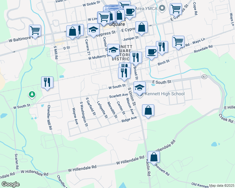map of restaurants, bars, coffee shops, grocery stores, and more near 129 Scarlett Avenue in Kennett Square