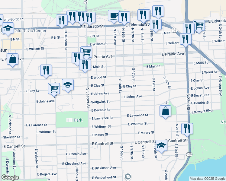 map of restaurants, bars, coffee shops, grocery stores, and more near 1401-1599 E Johns Ave in Decatur
