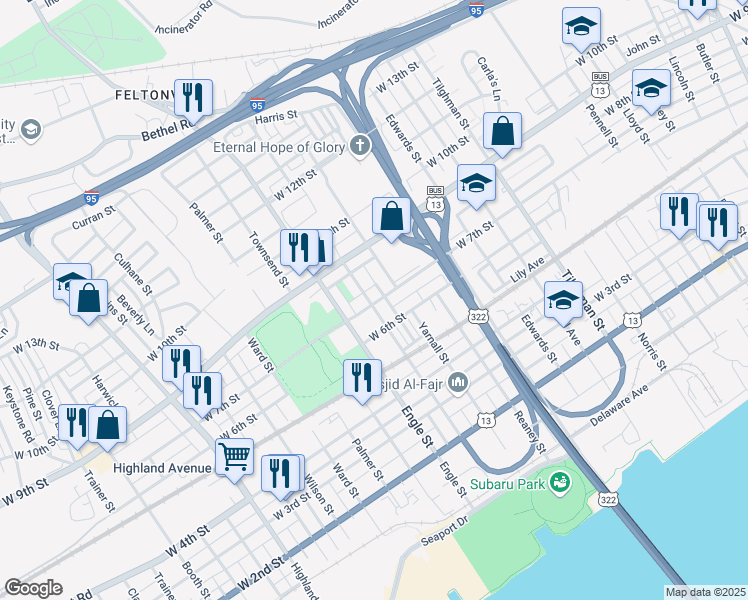 map of restaurants, bars, coffee shops, grocery stores, and more near 701 Jeffrey Street in Chester