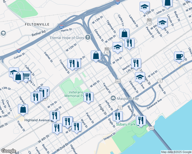 map of restaurants, bars, coffee shops, grocery stores, and more near 2011 West 7th Street in Chester