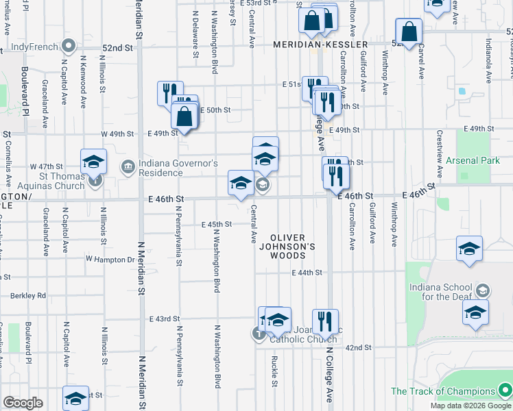 map of restaurants, bars, coffee shops, grocery stores, and more near 511 East 46th Street in Indianapolis