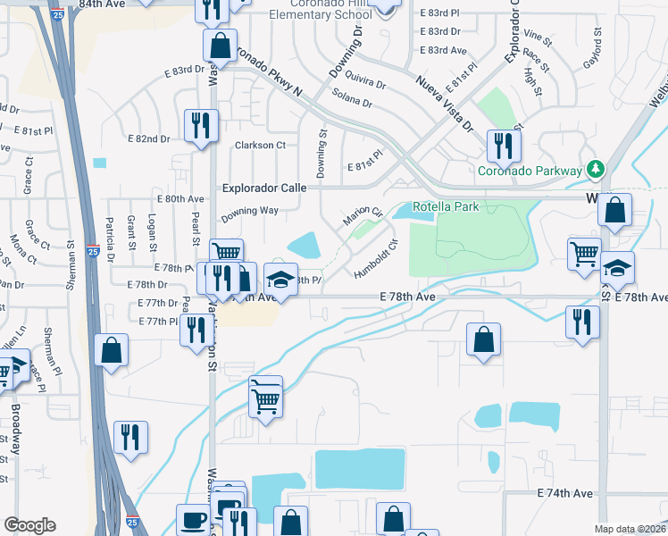 map of restaurants, bars, coffee shops, grocery stores, and more near 7856 Humboldt Circle in Thornton