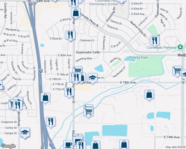 map of restaurants, bars, coffee shops, grocery stores, and more near 990 East 78th Place in Thornton
