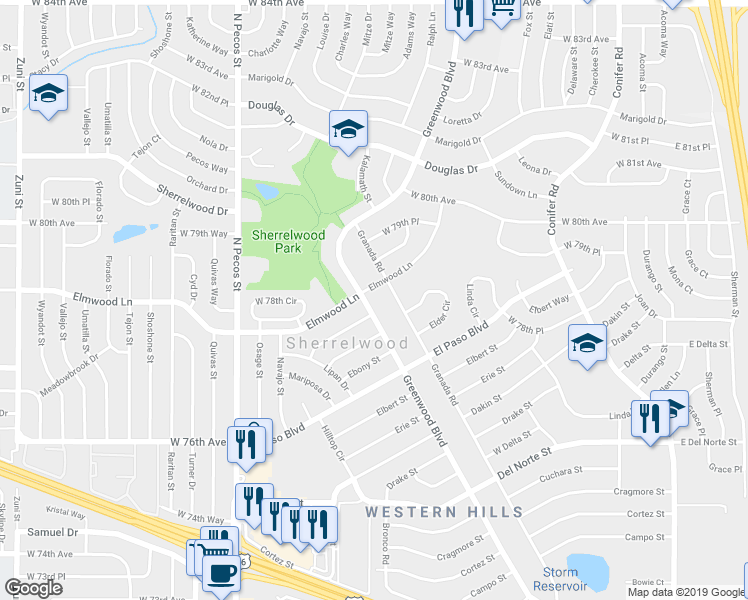 map of restaurants, bars, coffee shops, grocery stores, and more near 7820 Greenwood Boulevard in Denver