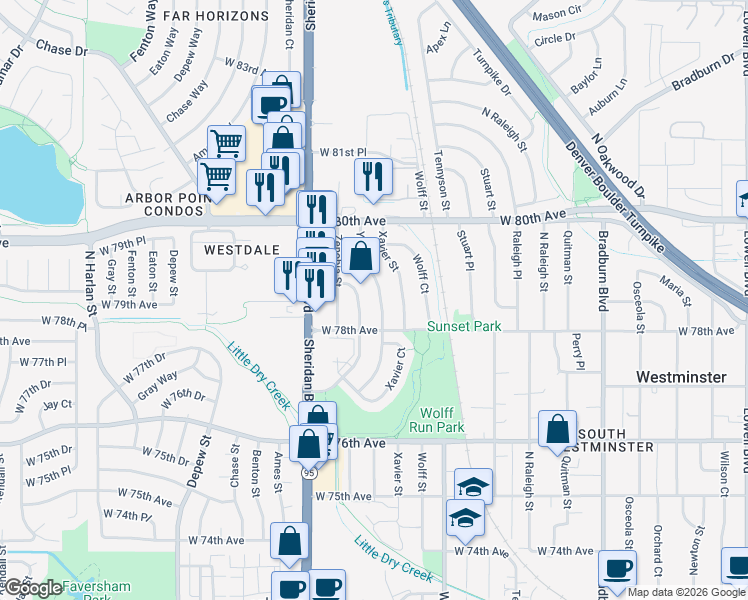 map of restaurants, bars, coffee shops, grocery stores, and more near 7810 Zenobia Court in Westminster
