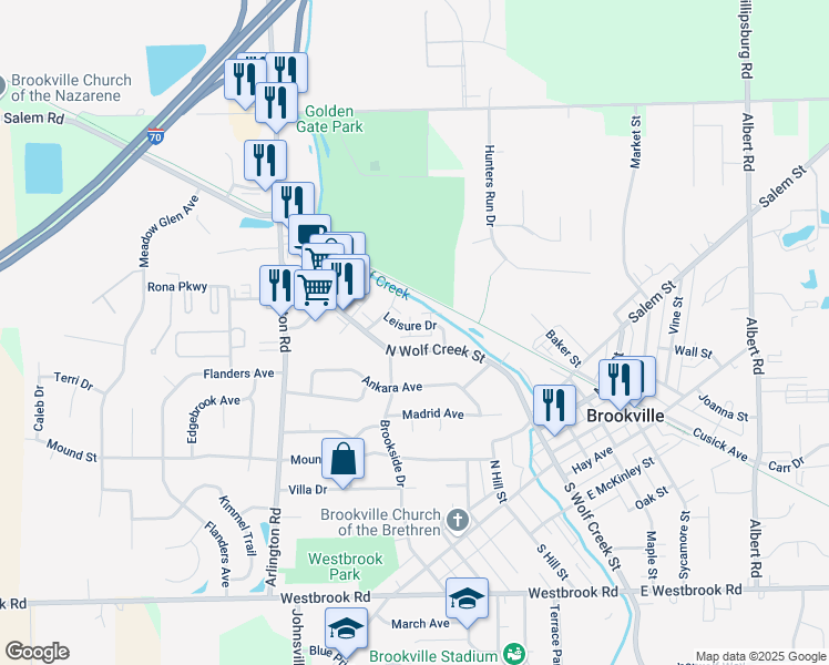 map of restaurants, bars, coffee shops, grocery stores, and more near 365 North Wolf Creek Street in Brookville