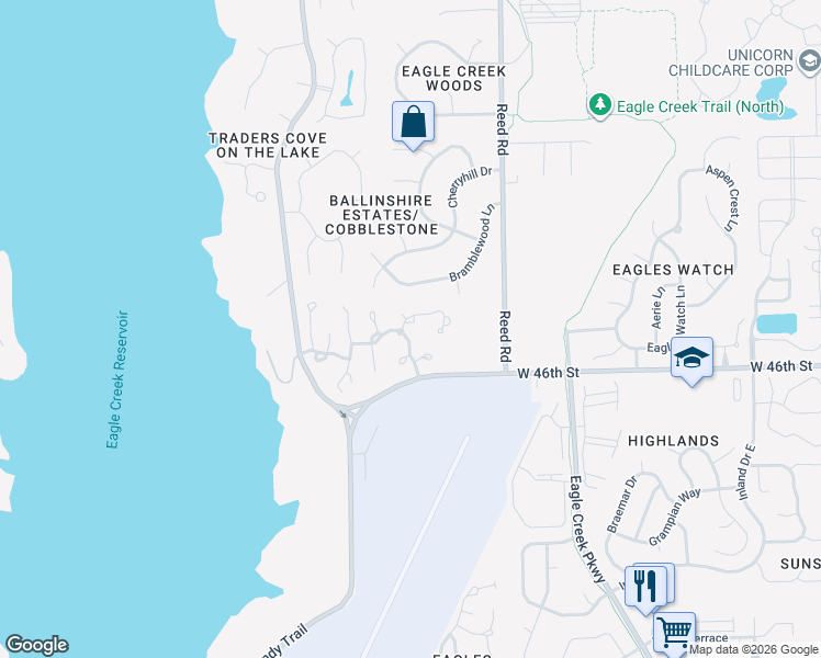 map of restaurants, bars, coffee shops, grocery stores, and more near 7506 Choate Court in Indianapolis