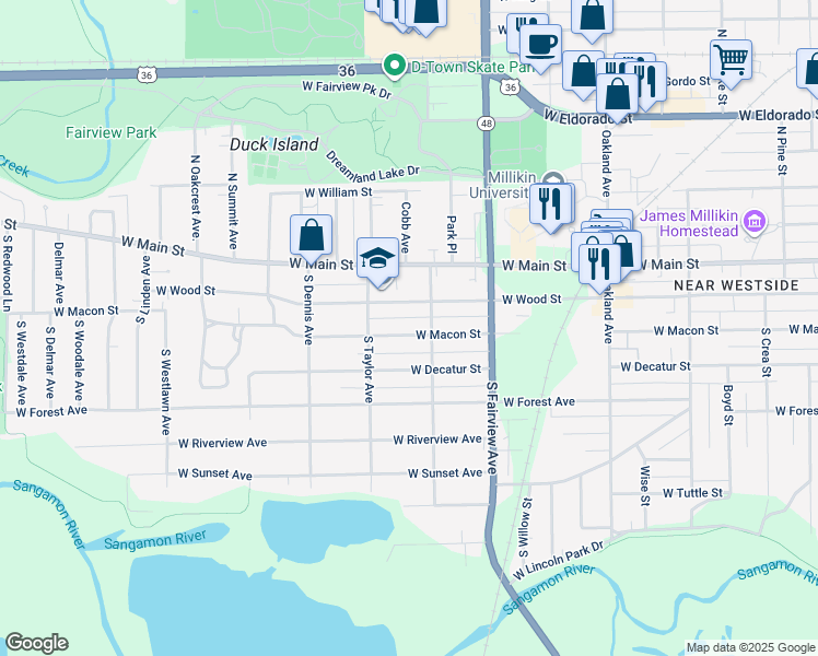 map of restaurants, bars, coffee shops, grocery stores, and more near 1436 West Macon Street in Decatur