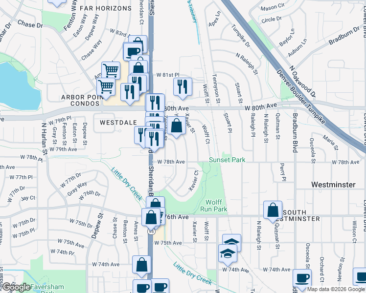 map of restaurants, bars, coffee shops, grocery stores, and more near 7810 Zenobia Court in Westminster