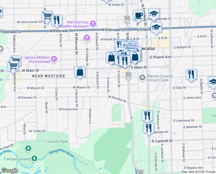 map of restaurants, bars, coffee shops, grocery stores, and more near 301 South Union Street in Decatur