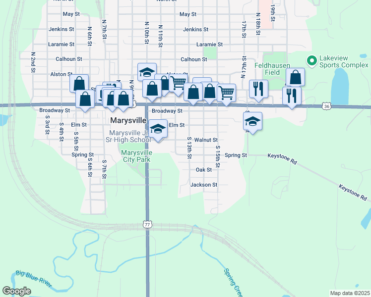 map of restaurants, bars, coffee shops, grocery stores, and more near 401-451 South 13th Street in Marysville