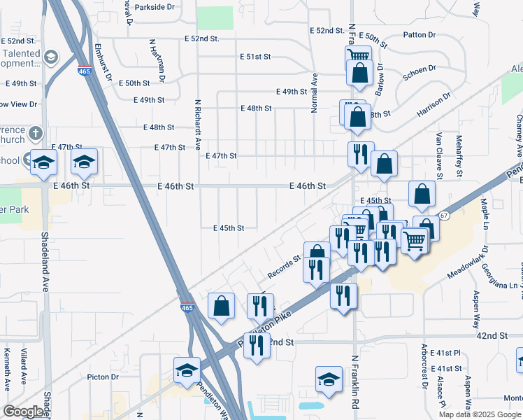 map of restaurants, bars, coffee shops, grocery stores, and more near 4529 Payton Avenue in Lawrence