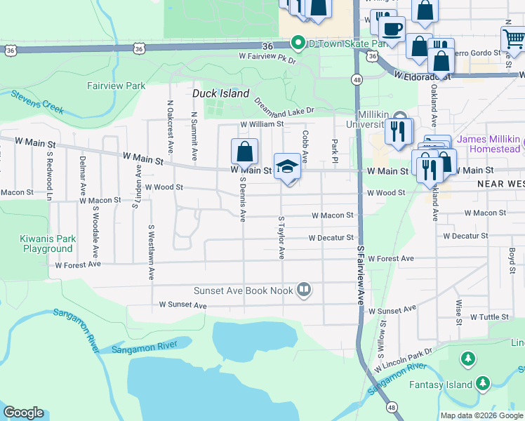 map of restaurants, bars, coffee shops, grocery stores, and more near 1543 West Macon Street in Decatur