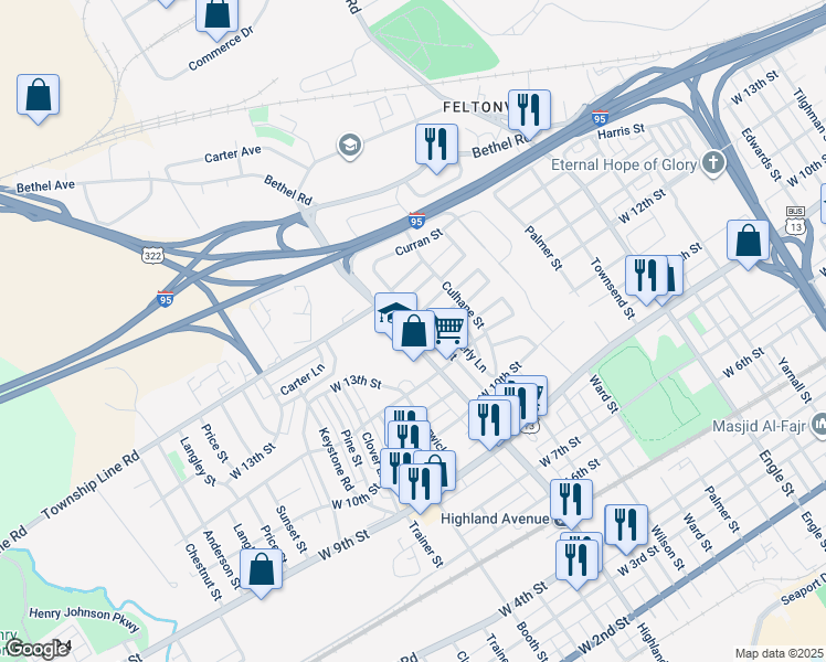 map of restaurants, bars, coffee shops, grocery stores, and more near 1315 Highland Avenue in Chester