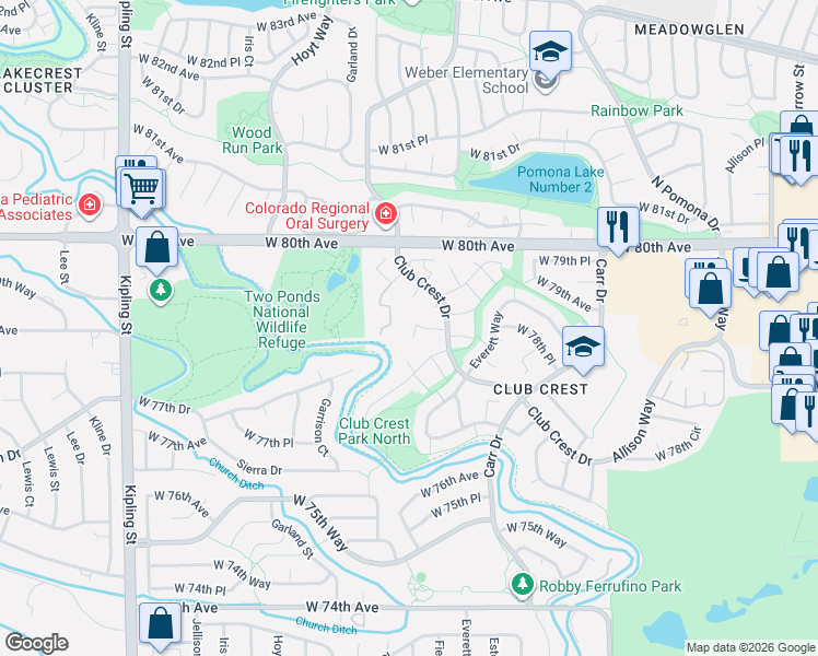 map of restaurants, bars, coffee shops, grocery stores, and more near 9027 West 77th Place in Arvada
