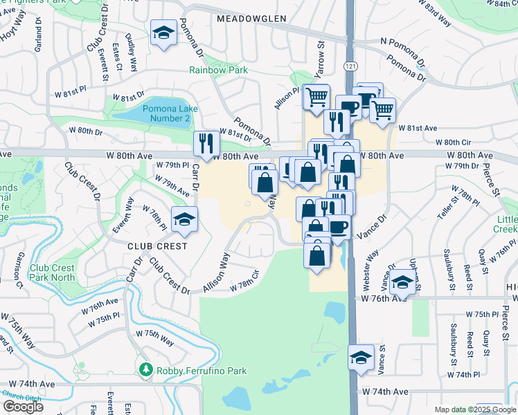 map of restaurants, bars, coffee shops, grocery stores, and more near 7903 Allison Way in Arvada