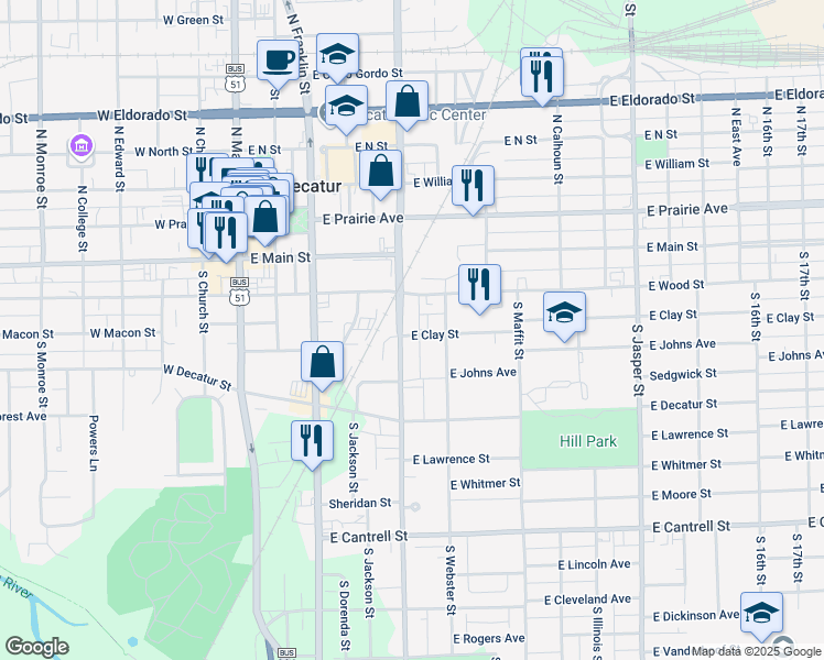 map of restaurants, bars, coffee shops, grocery stores, and more near 601-699 East Wood Street in Decatur