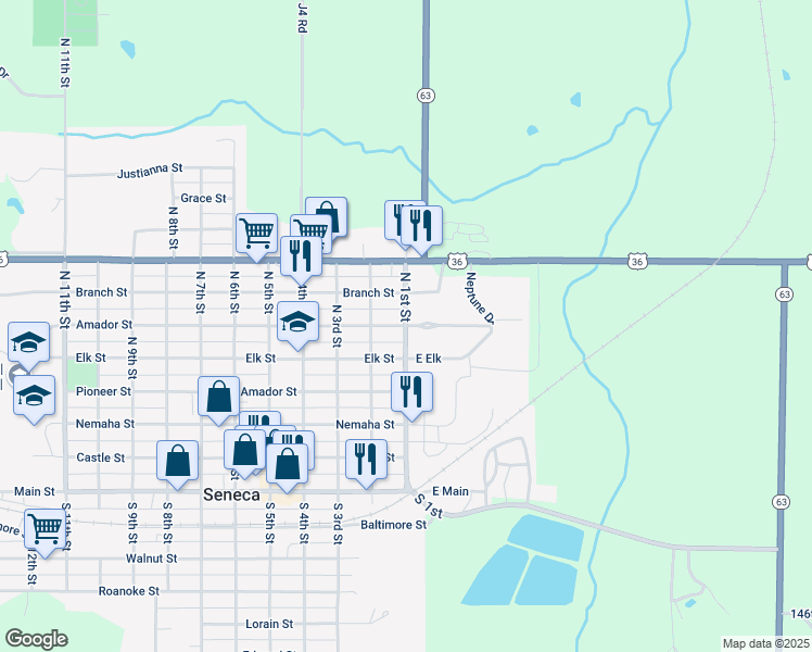 map of restaurants, bars, coffee shops, grocery stores, and more near 501 North 1st Street in Seneca