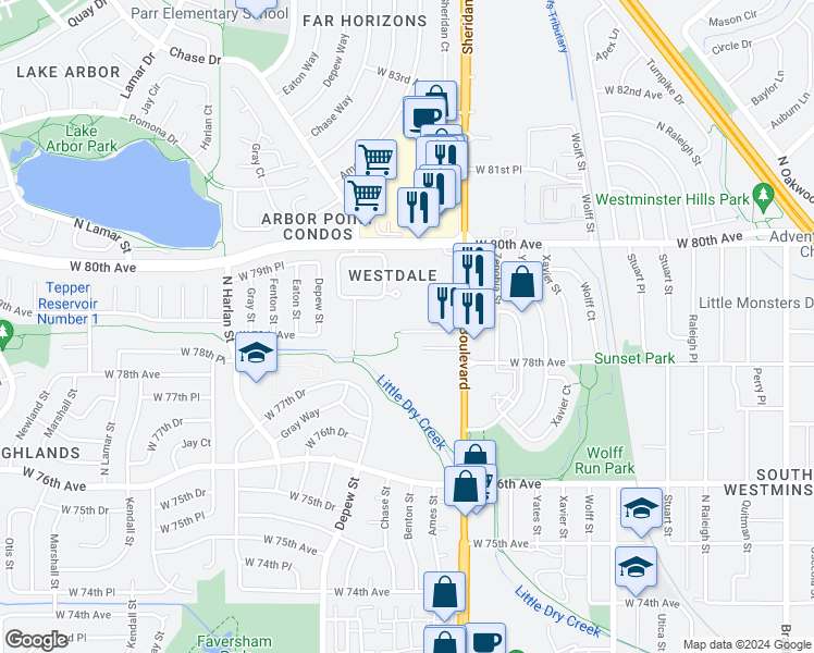 map of restaurants, bars, coffee shops, grocery stores, and more near 7964 Chase Circle in Arvada
