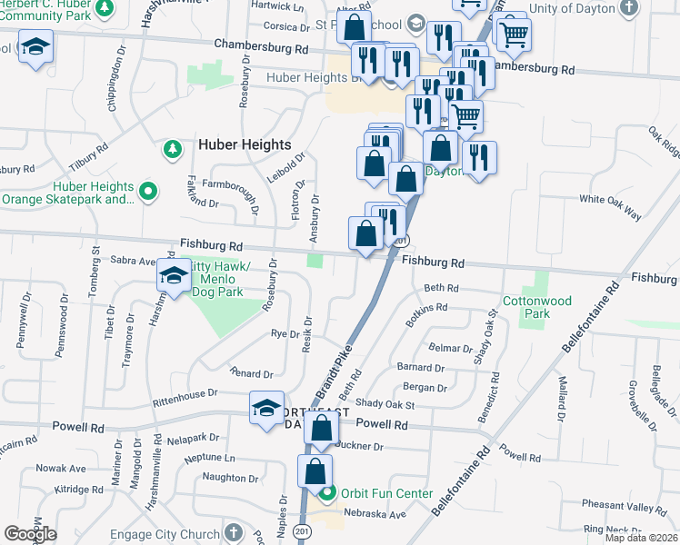 map of restaurants, bars, coffee shops, grocery stores, and more near 5370 Fishburg Road in Huber Heights