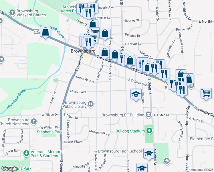 map of restaurants, bars, coffee shops, grocery stores, and more near 130 Green Acre Drive in Brownsburg