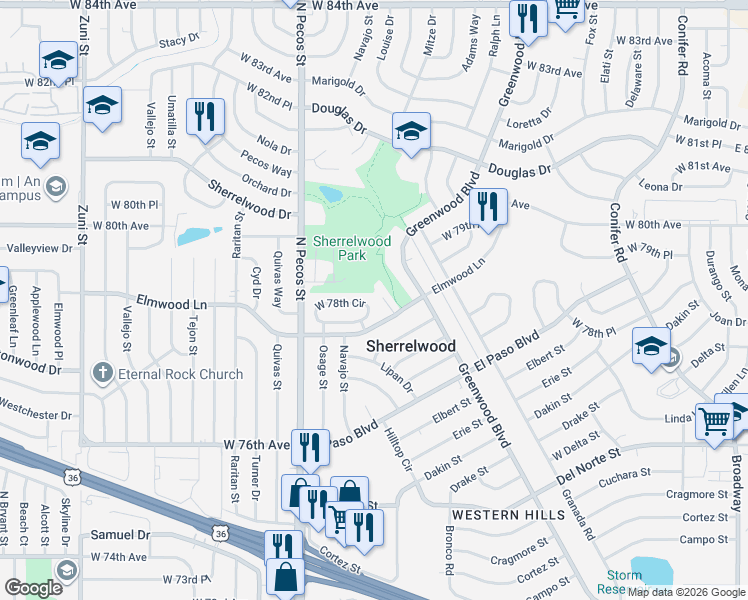 map of restaurants, bars, coffee shops, grocery stores, and more near 1315 West 78th Circle in Denver