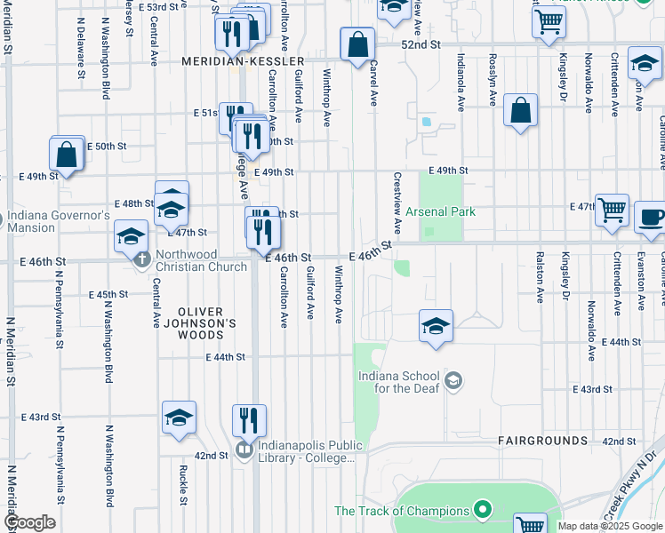 map of restaurants, bars, coffee shops, grocery stores, and more near 4560 Winthrop Avenue in Indianapolis