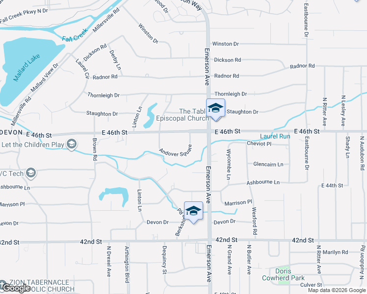 map of restaurants, bars, coffee shops, grocery stores, and more near 4901 East 46th Street in Indianapolis