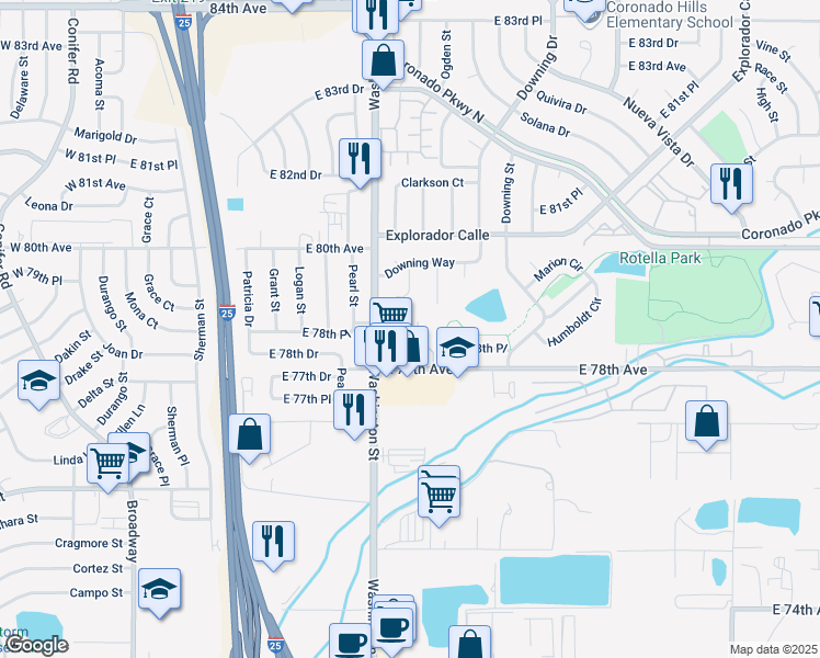 map of restaurants, bars, coffee shops, grocery stores, and more near 875 East 78th Avenue in Thornton