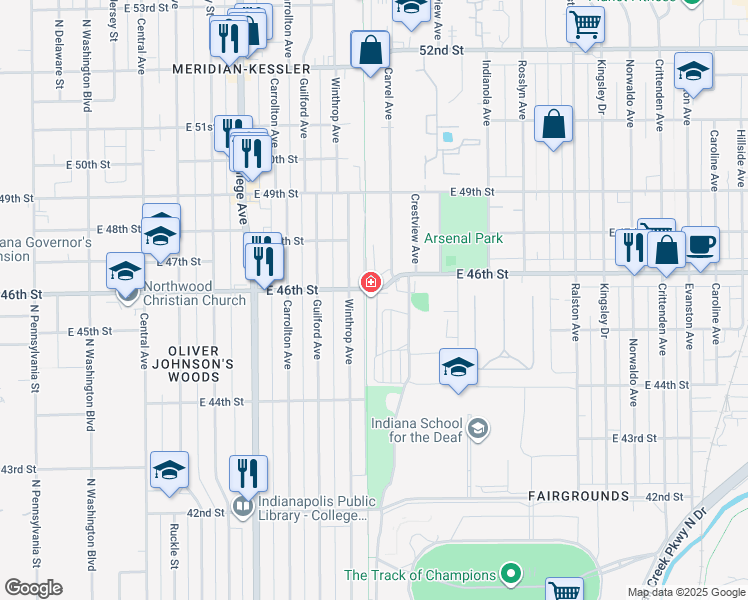 map of restaurants, bars, coffee shops, grocery stores, and more near 1140 East 46th Street in Indianapolis