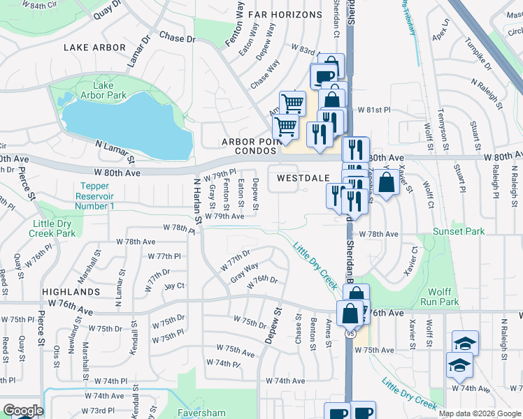 map of restaurants, bars, coffee shops, grocery stores, and more near 7936 Depew Street in Arvada