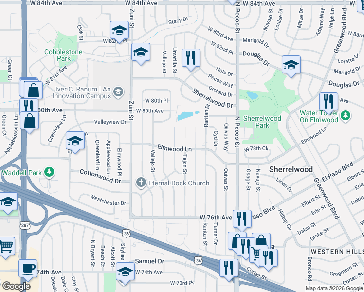 map of restaurants, bars, coffee shops, grocery stores, and more near 7865 Tejon Street in Denver