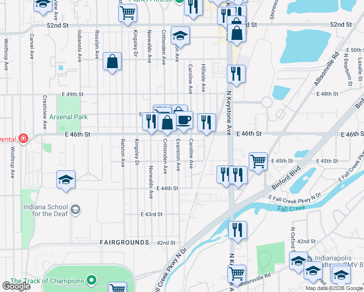 map of restaurants, bars, coffee shops, grocery stores, and more near 4535 Evanston Avenue in Indianapolis
