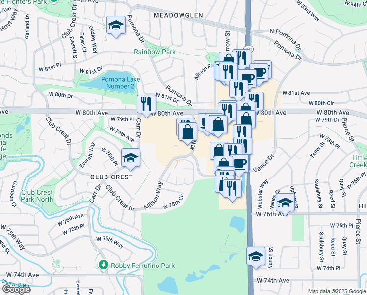 map of restaurants, bars, coffee shops, grocery stores, and more near 7903 Allison Way in Arvada