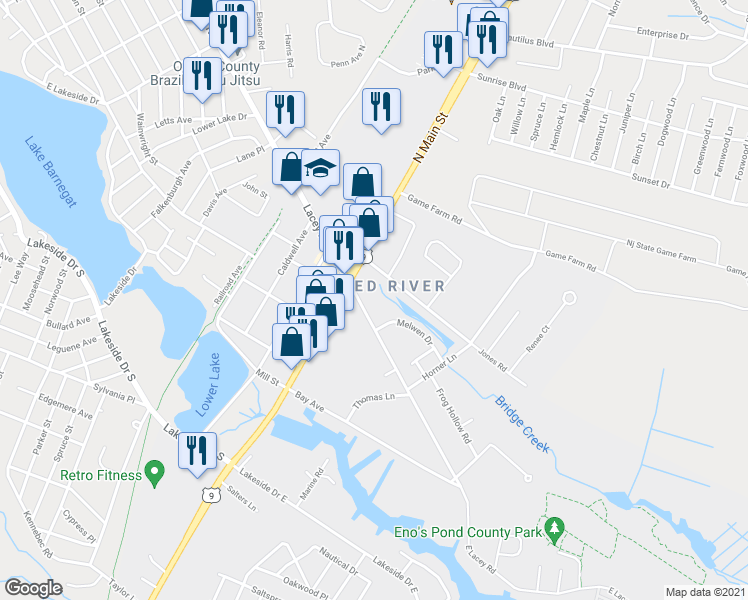 map of restaurants, bars, coffee shops, grocery stores, and more near 10 East Lacey Road in Lacey Township