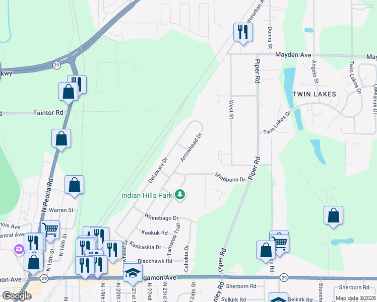 map of restaurants, bars, coffee shops, grocery stores, and more near 2300 Kickapoo Drive in Springfield