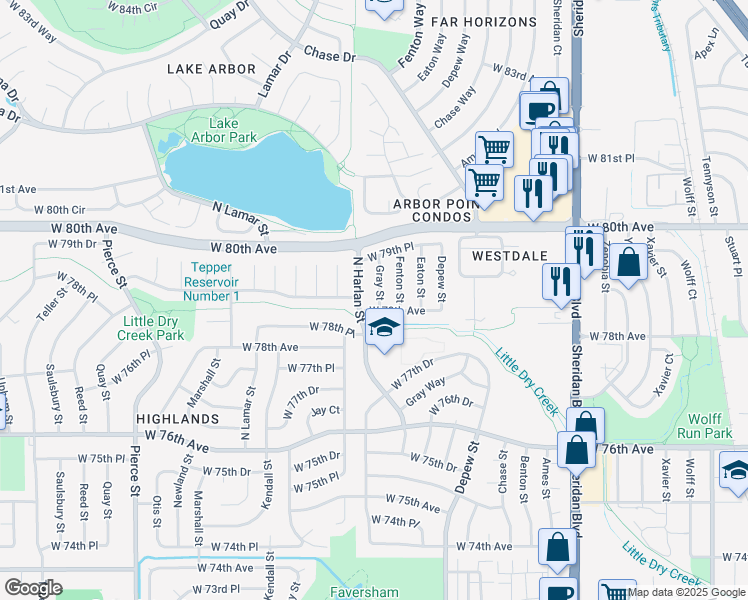 map of restaurants, bars, coffee shops, grocery stores, and more near 7936 Gray Street in Arvada