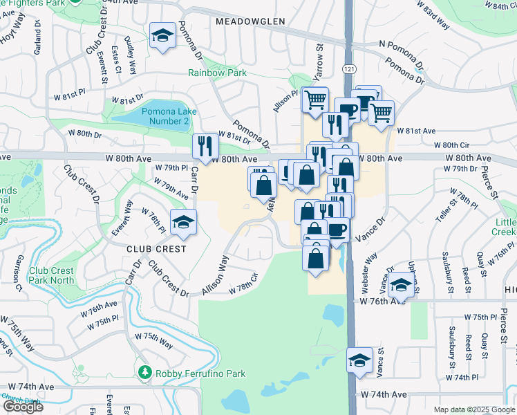 map of restaurants, bars, coffee shops, grocery stores, and more near 7955 Allison Way in Arvada