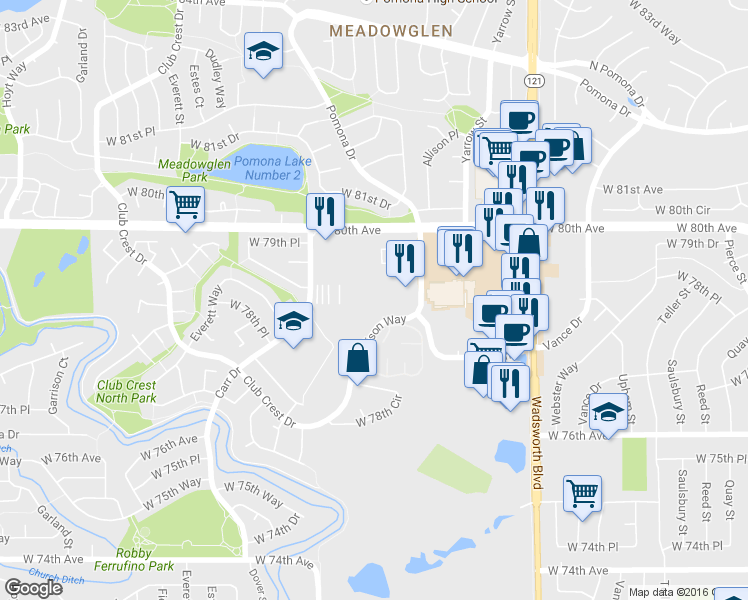 map of restaurants, bars, coffee shops, grocery stores, and more near 7897 Allison Way in Arvada