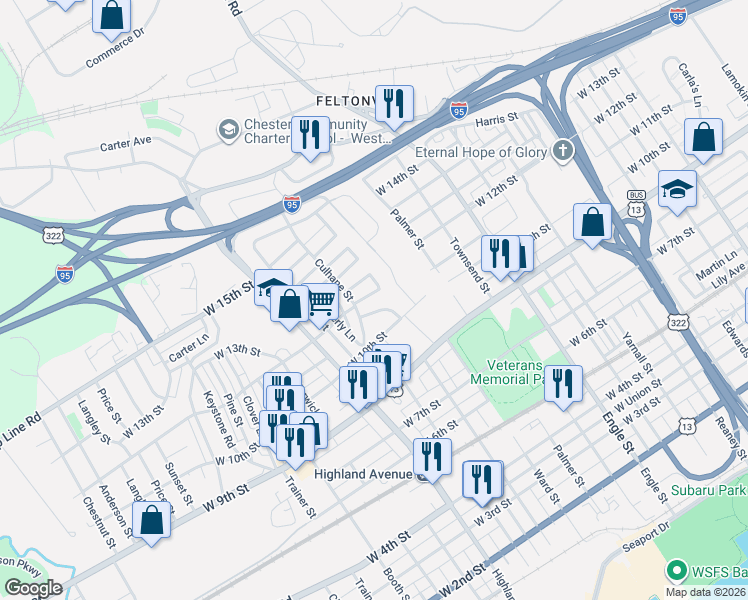 map of restaurants, bars, coffee shops, grocery stores, and more near 1034 Ward Street in Chester