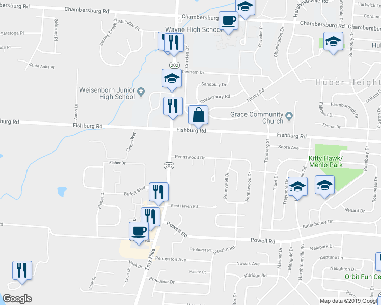 map of restaurants, bars, coffee shops, grocery stores, and more near in Huber Heights
