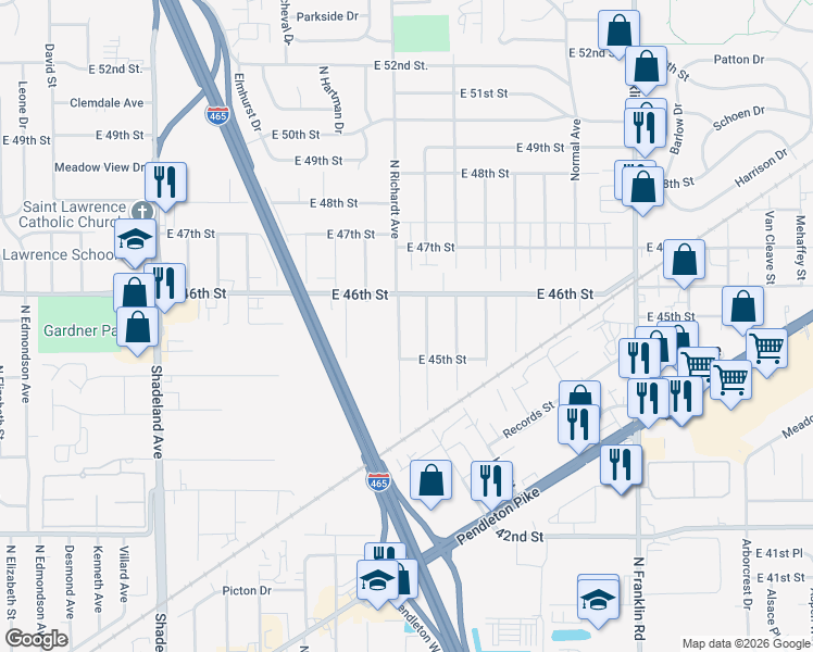 map of restaurants, bars, coffee shops, grocery stores, and more near 7535 East 46th Street in Indianapolis