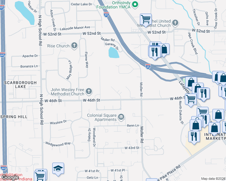map of restaurants, bars, coffee shops, grocery stores, and more near 4707 Falcon Run Way in Indianapolis