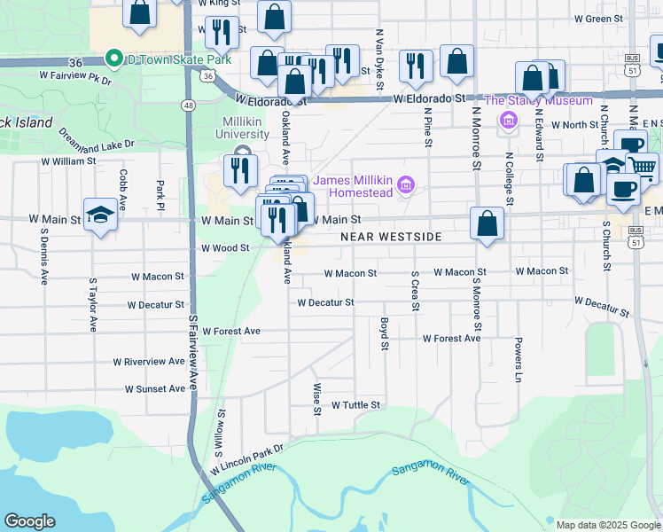 map of restaurants, bars, coffee shops, grocery stores, and more near 1043 West Wood Street in Decatur