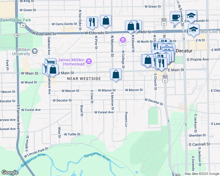 map of restaurants, bars, coffee shops, grocery stores, and more near 200-298 South Monroe Street in Decatur