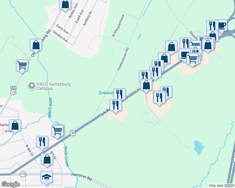 map of restaurants, bars, coffee shops, grocery stores, and more near 83 Hunterstown Road in Gettysburg