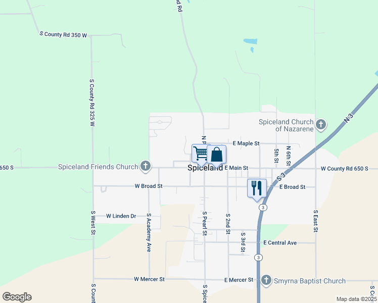 map of restaurants, bars, coffee shops, grocery stores, and more near 206 Elm Street in Spiceland